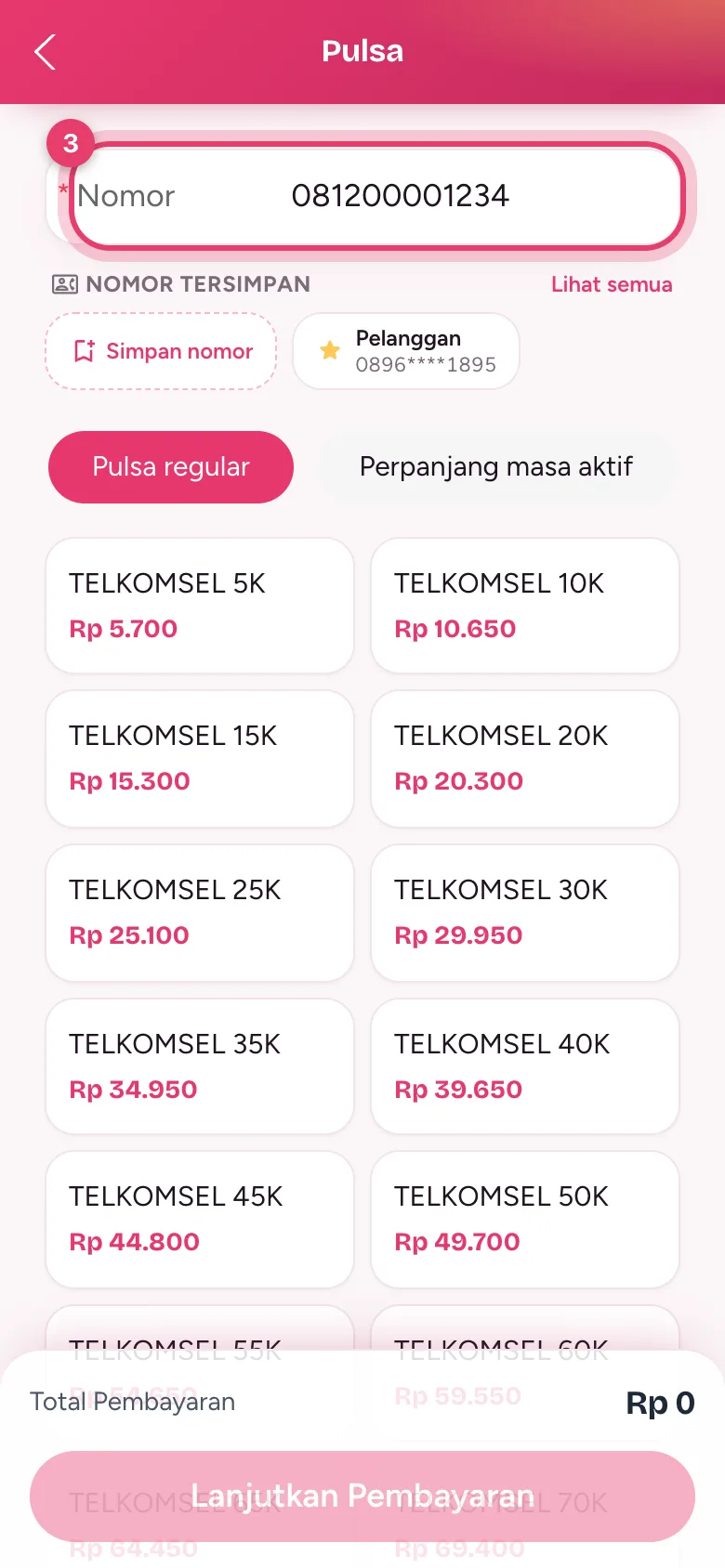 Kolom Nomor diisi nomor HP tujuan, dengan pilihan Simpan nomor di bawahnya