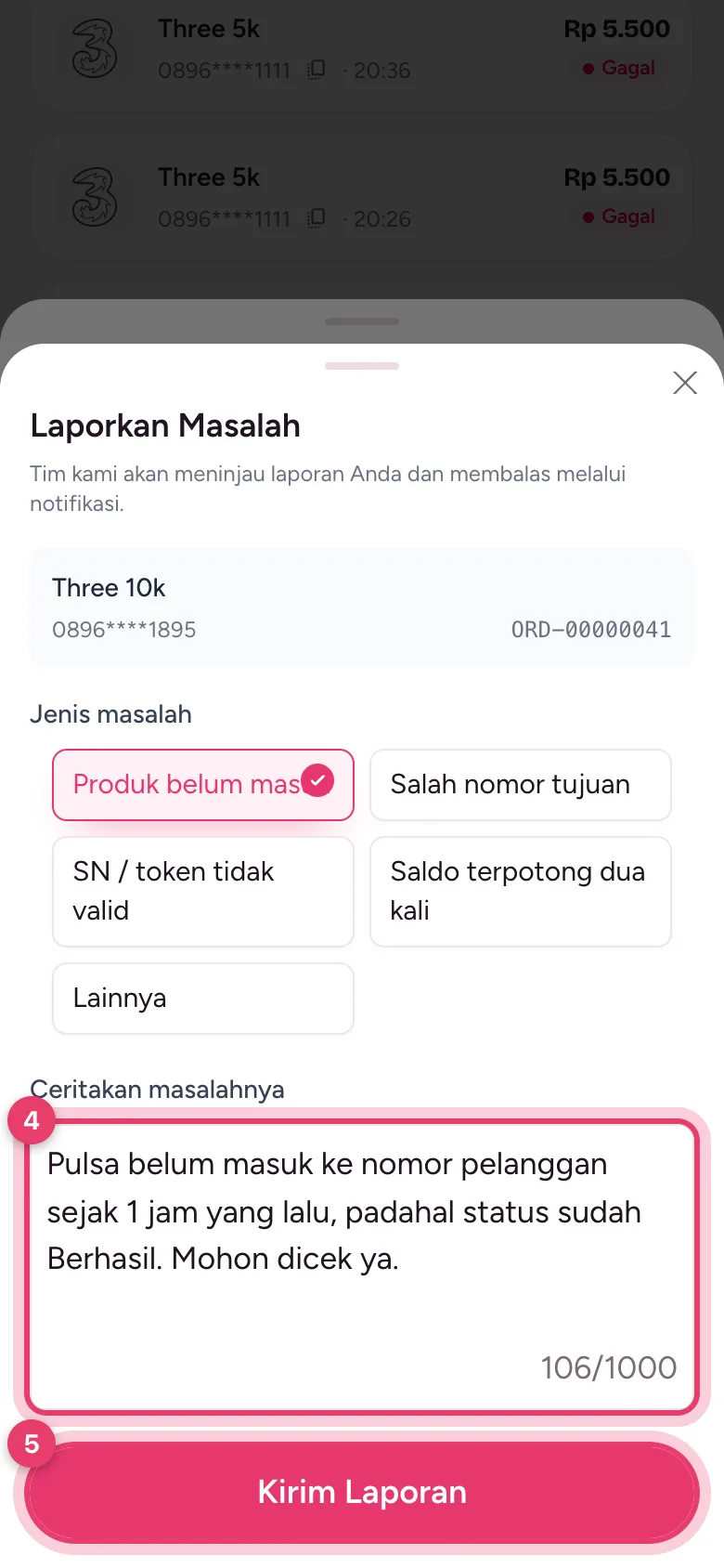 Contoh laporan yang sudah diisi, lalu tekan Kirim Laporan