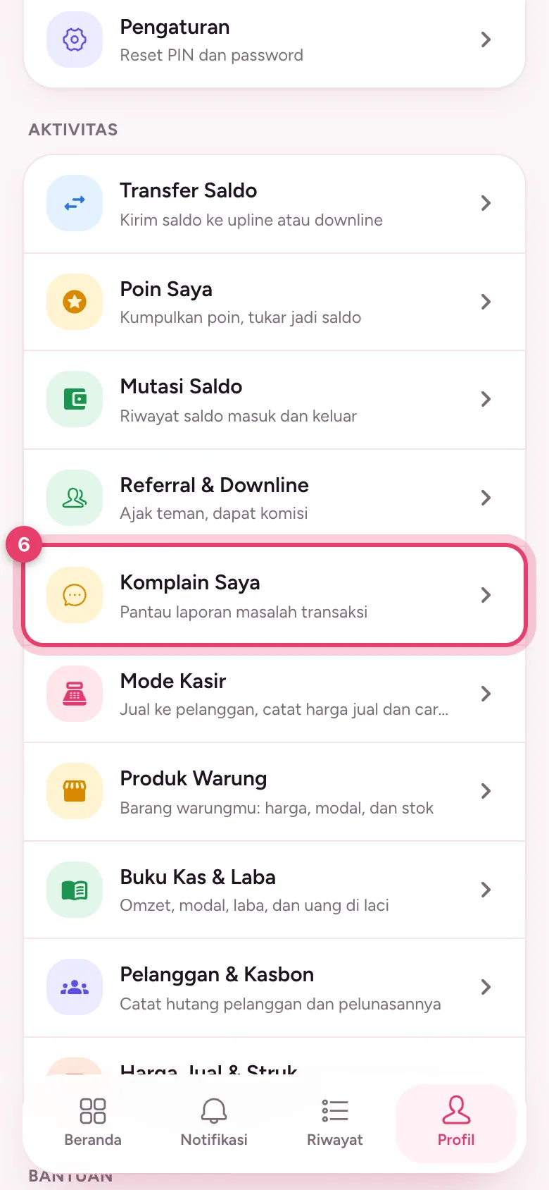 Menu Komplain Saya di halaman Profil