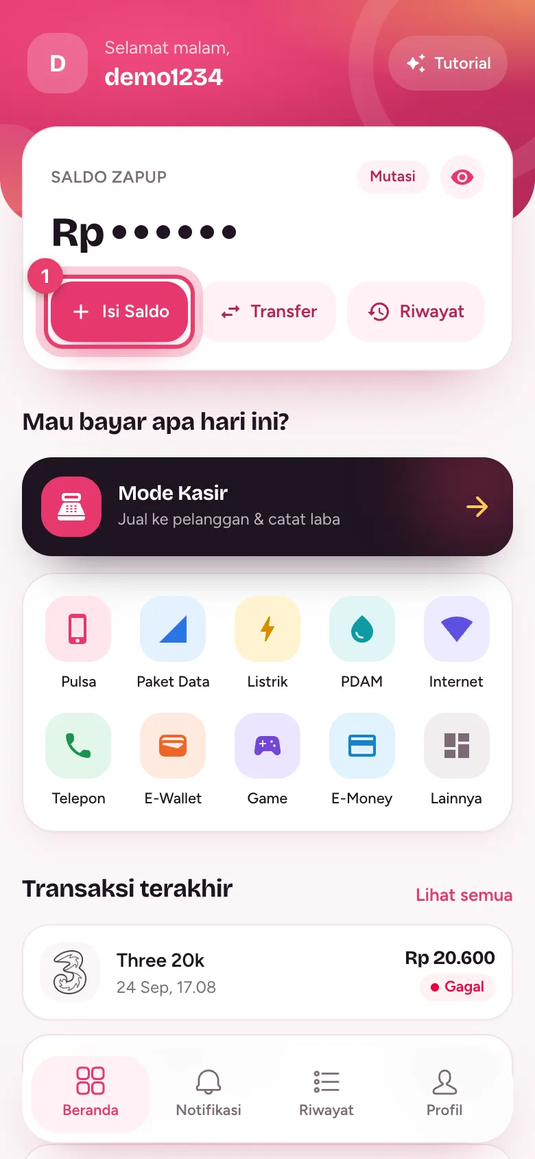 Tombol Isi Saldo ada di kartu Saldo Zapup pada halaman Beranda