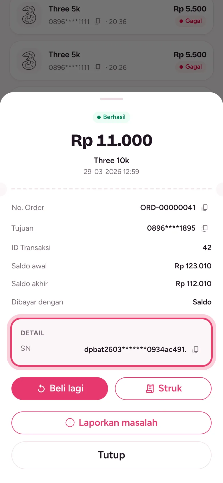 Detail transaksi berhasil, lengkap dengan SN dari operator