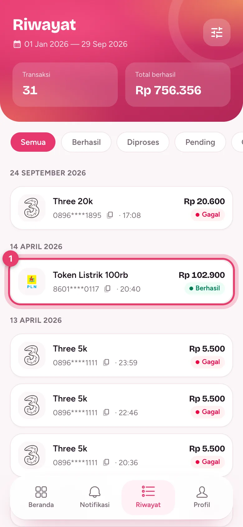 Halaman Riwayat berisi daftar transaksi dan statusnya