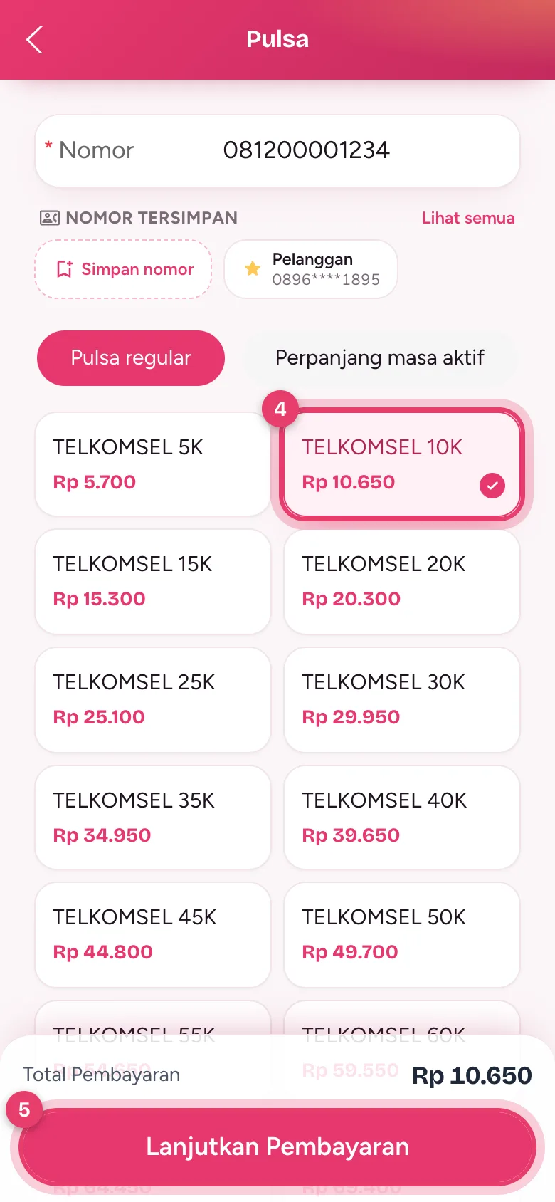 Nominal pulsa dipilih, total pembayaran muncul, lalu tekan Lanjutkan Pembayaran