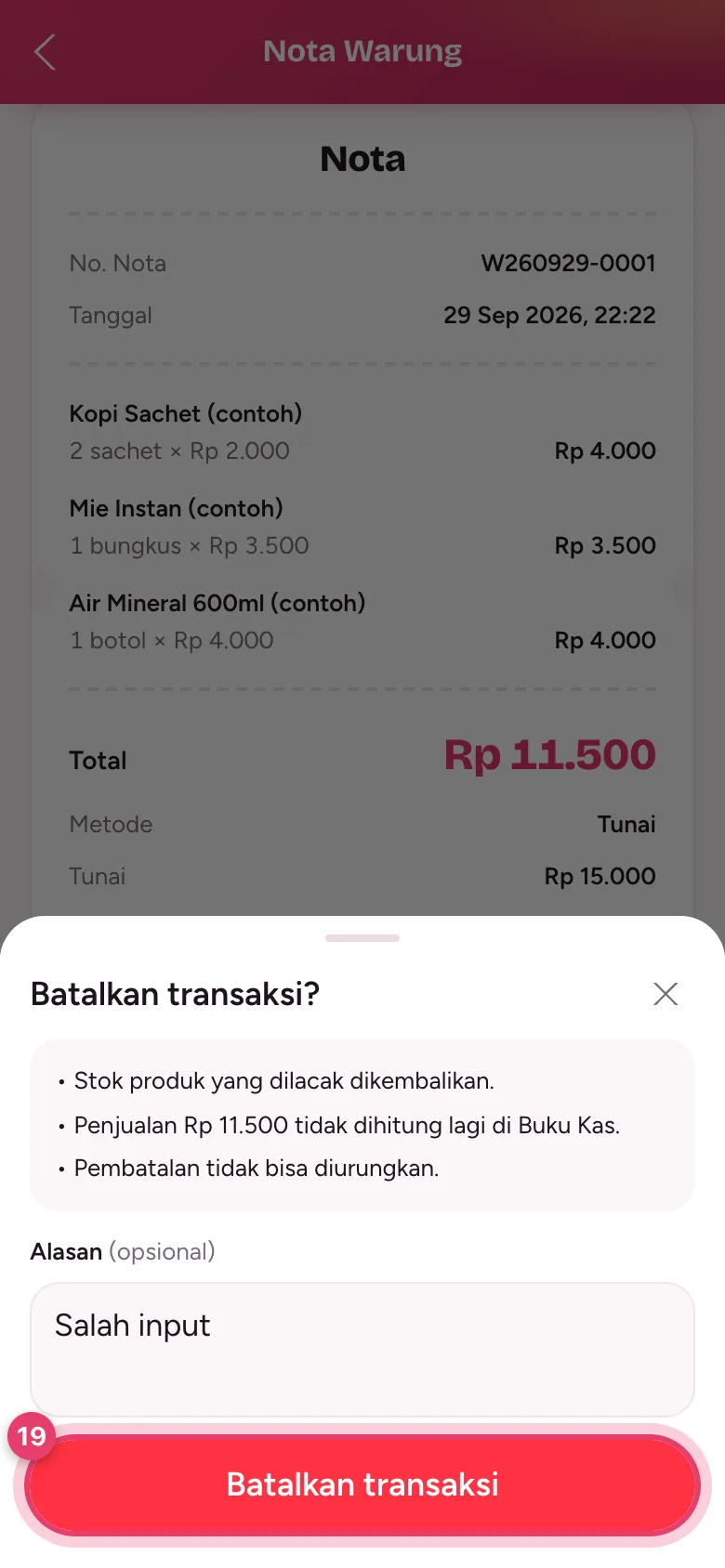 Konfirmasi pembatalan dengan kolom alasan