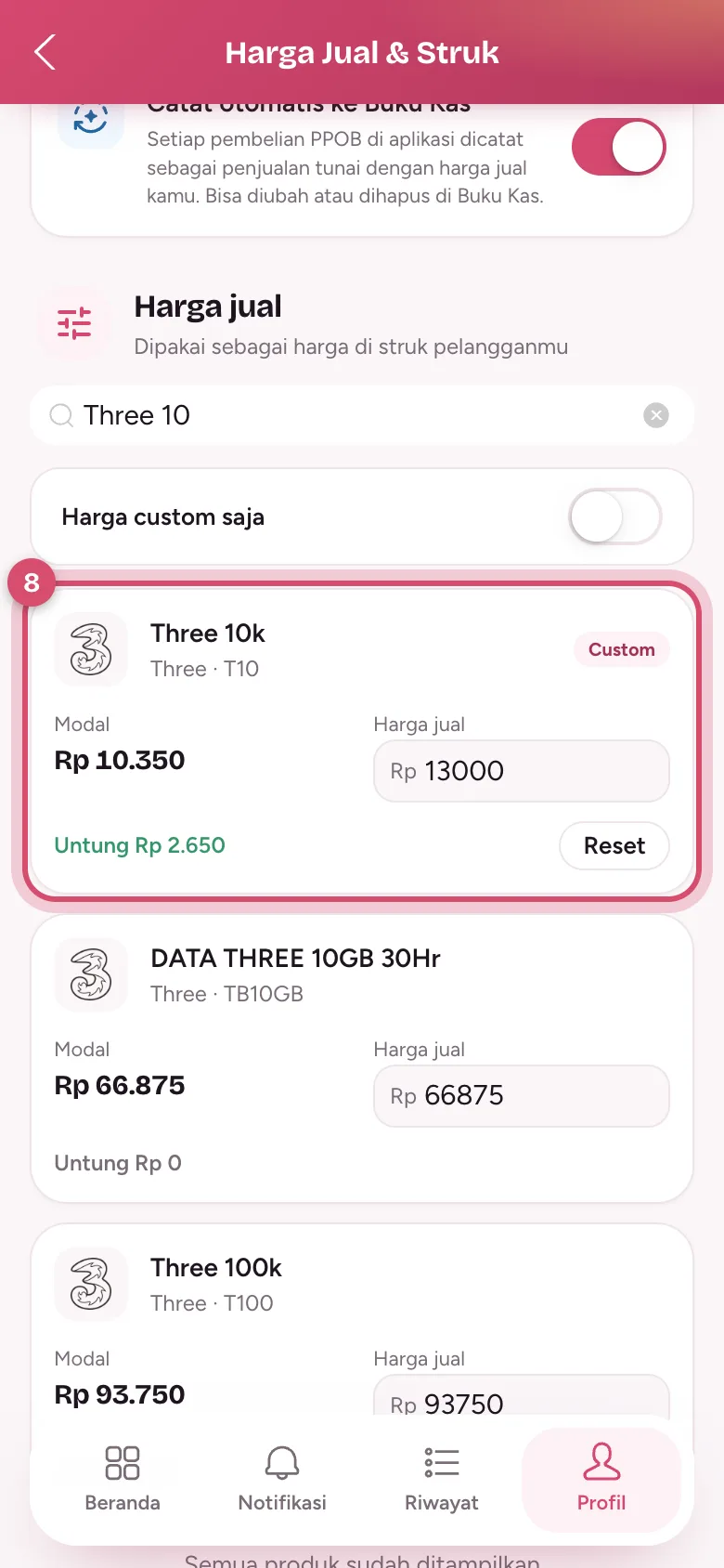 Produk dengan harga custom di Harga Jual & Struk