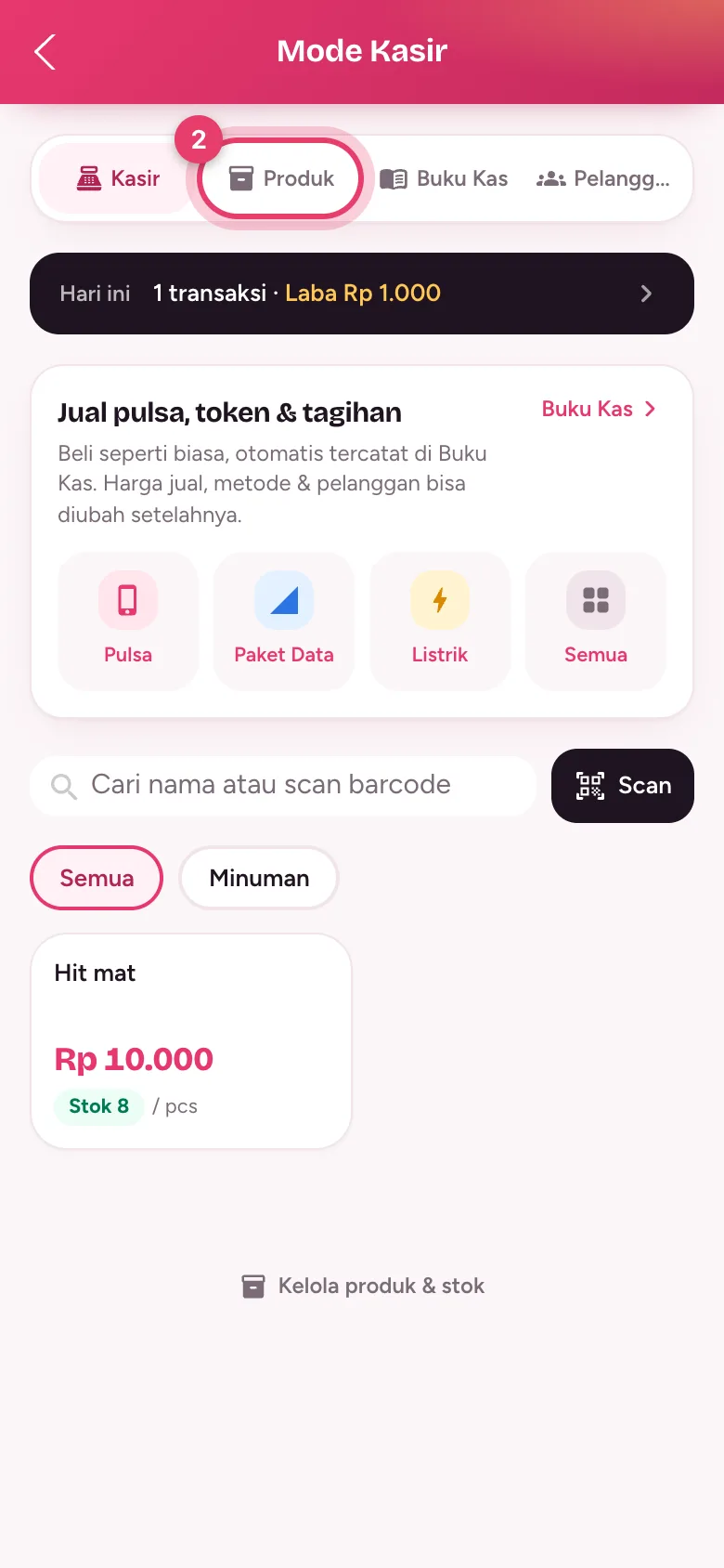 Tab Kasir, Produk, Buku Kas, dan Pelanggan di Mode Kasir