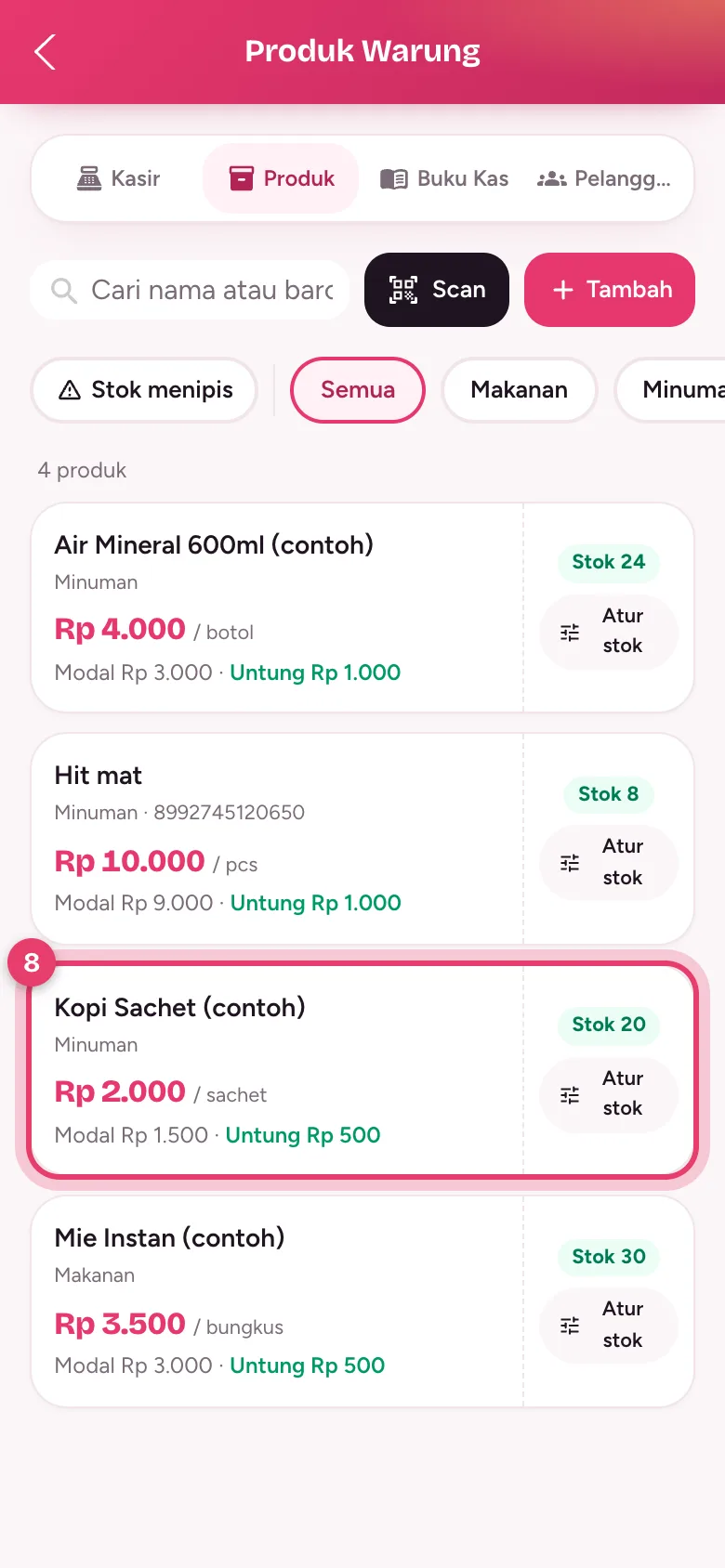 Daftar Produk Warung dengan harga, untung, dan stok