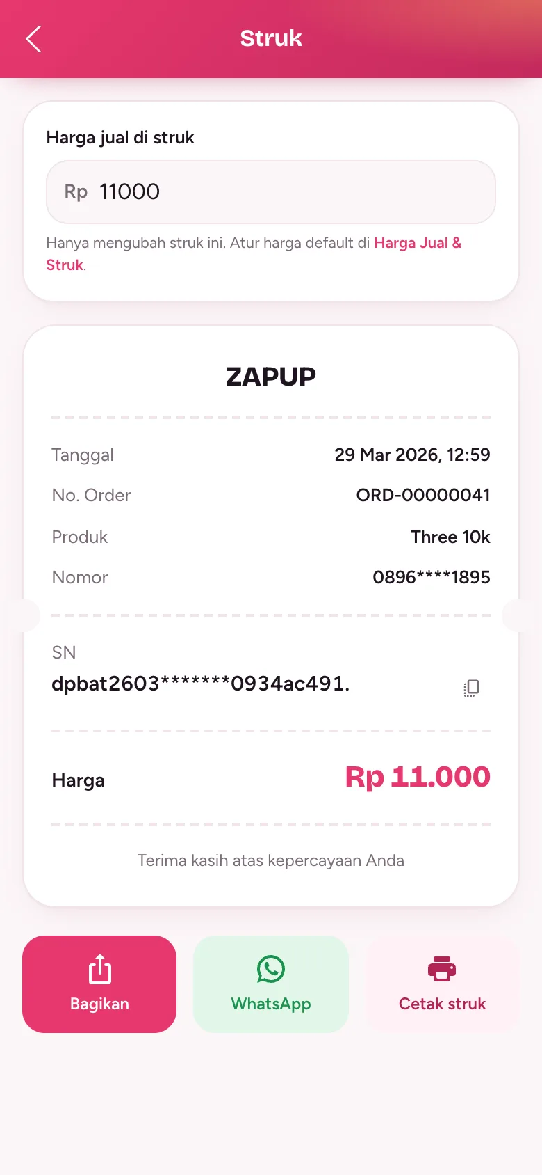 Halaman Struk dengan harga jual, detail transaksi, dan tombol Bagikan, WhatsApp, Cetak struk