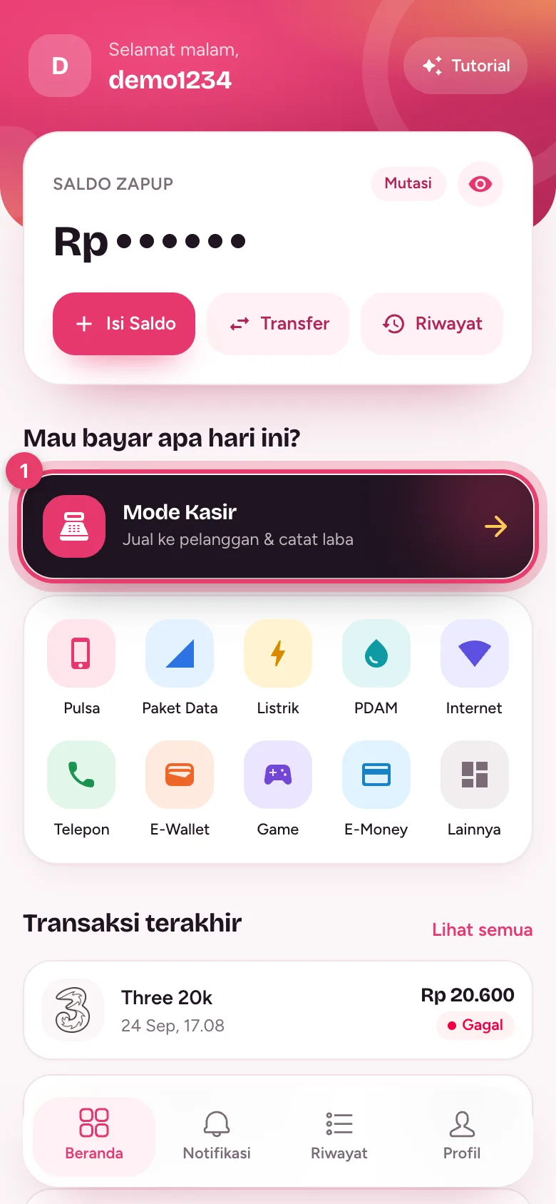 Kartu Mode Kasir di Beranda