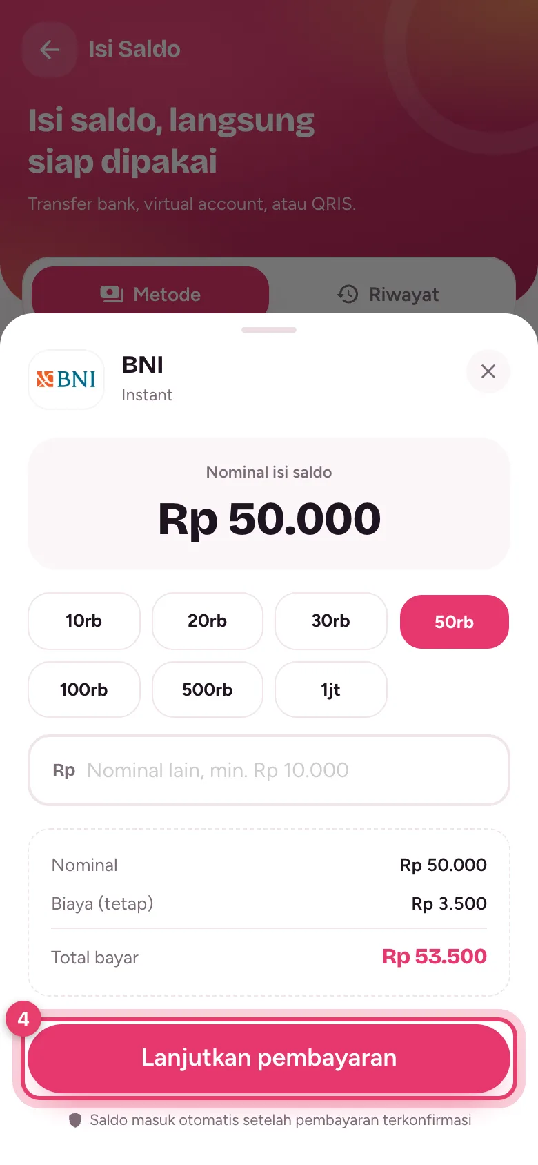 Rincian nominal, biaya, dan total bayar sebelum menekan Lanjutkan pembayaran