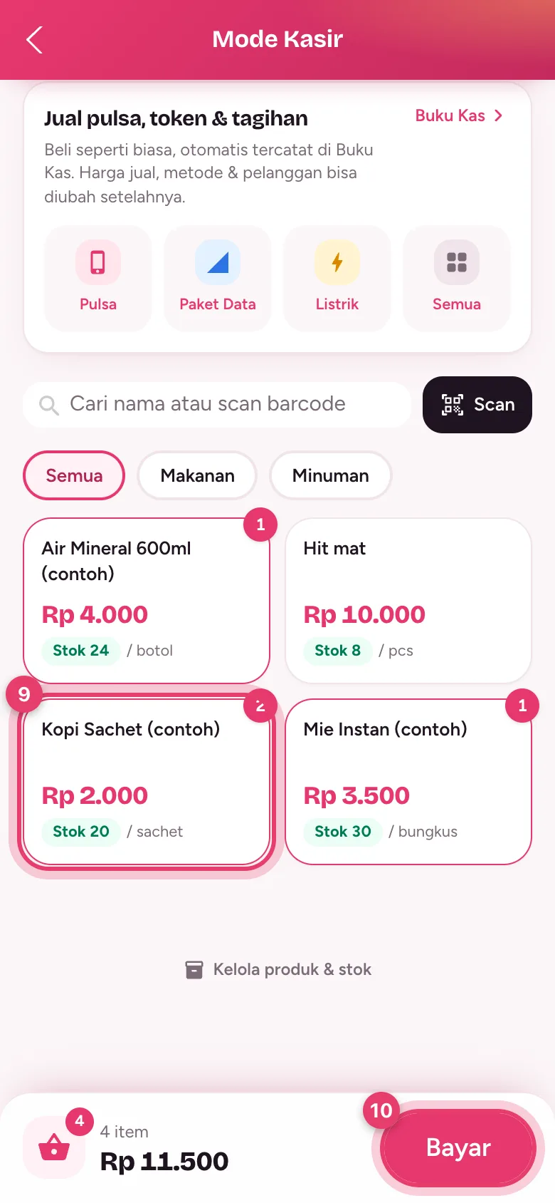 Ketuk kartu produk untuk menambah ke keranjang, lalu tekan Bayar