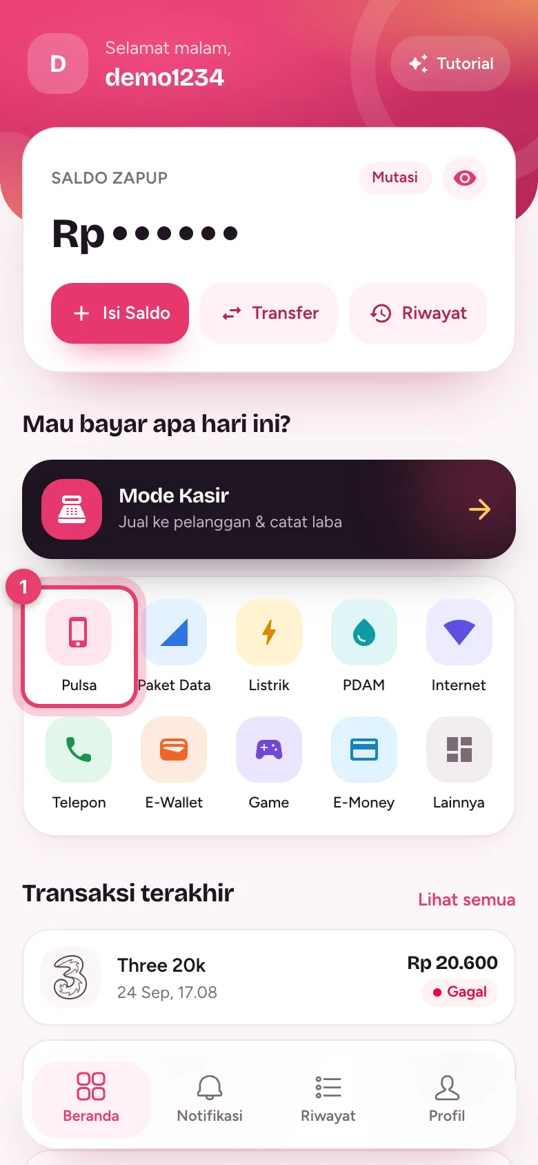 Menu Pulsa di bagian Mau bayar apa hari ini pada Beranda