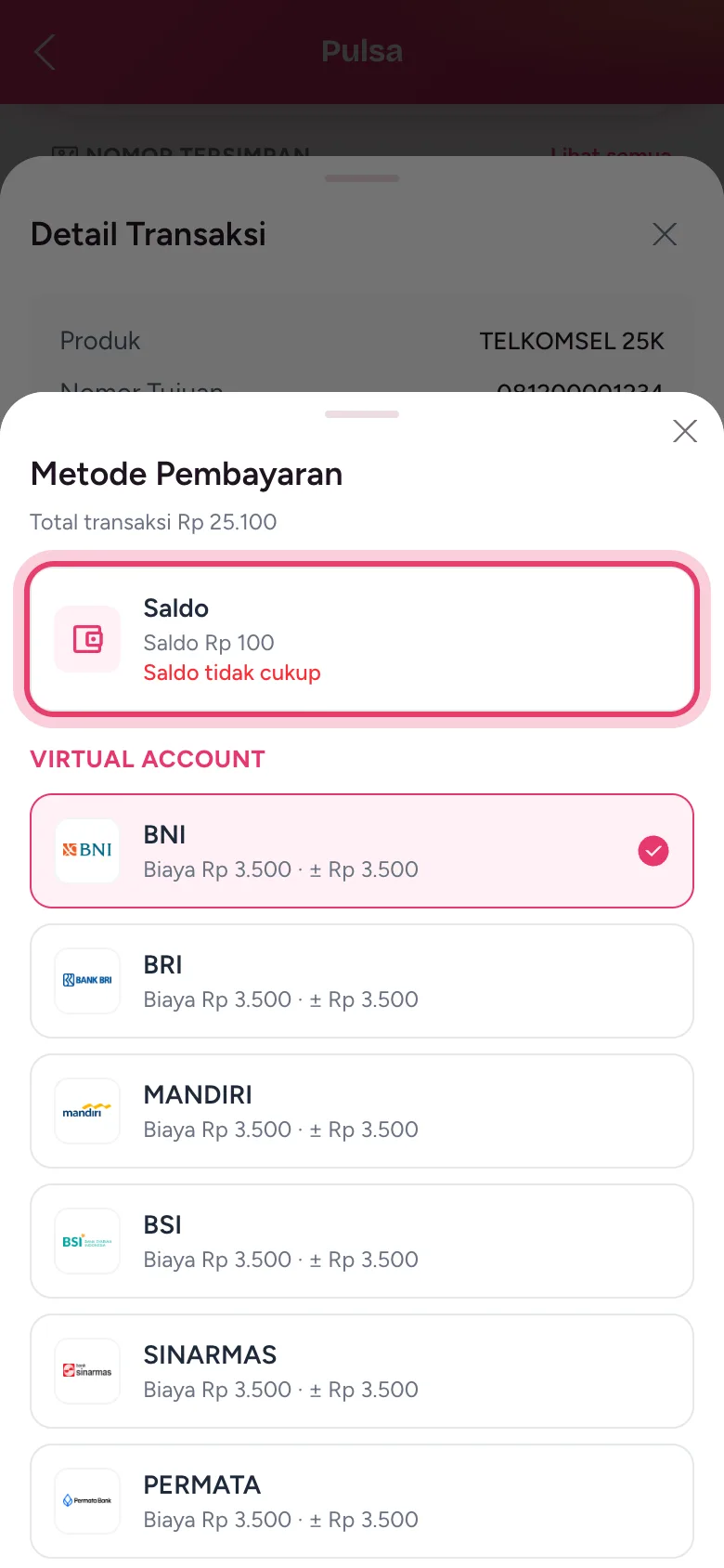 Pilihan metode pembayaran: Saldo, Virtual Account, dan QRIS beserta biayanya