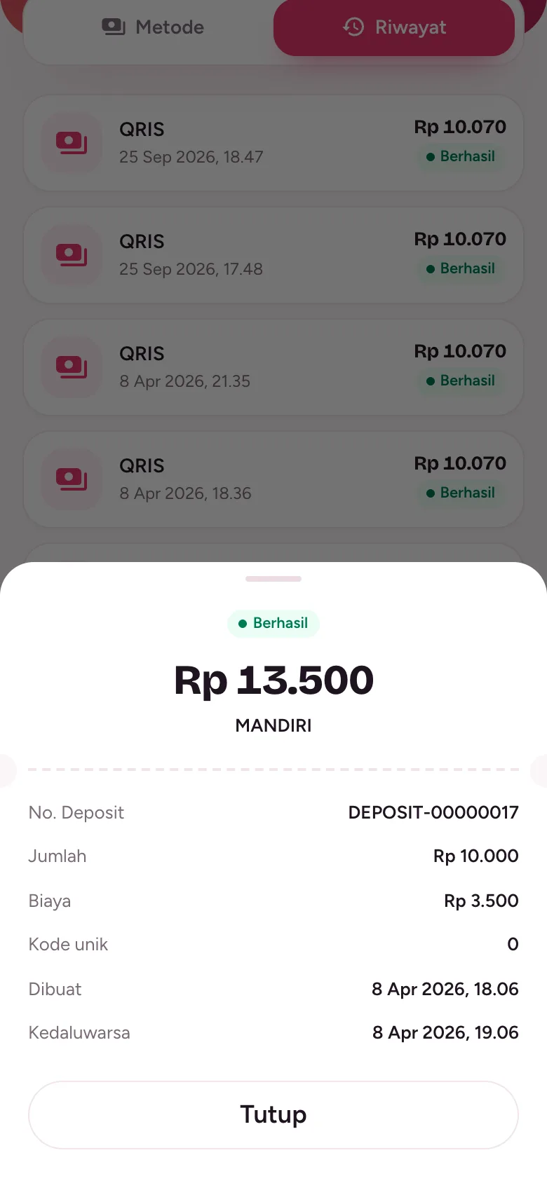 Detail isi saldo berisi nomor deposit, jumlah, biaya, dan waktu kedaluwarsa