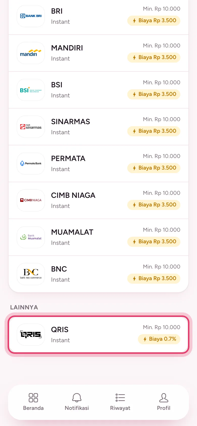 Pilihan QRIS di bagian Lainnya, dengan biaya 0,7%