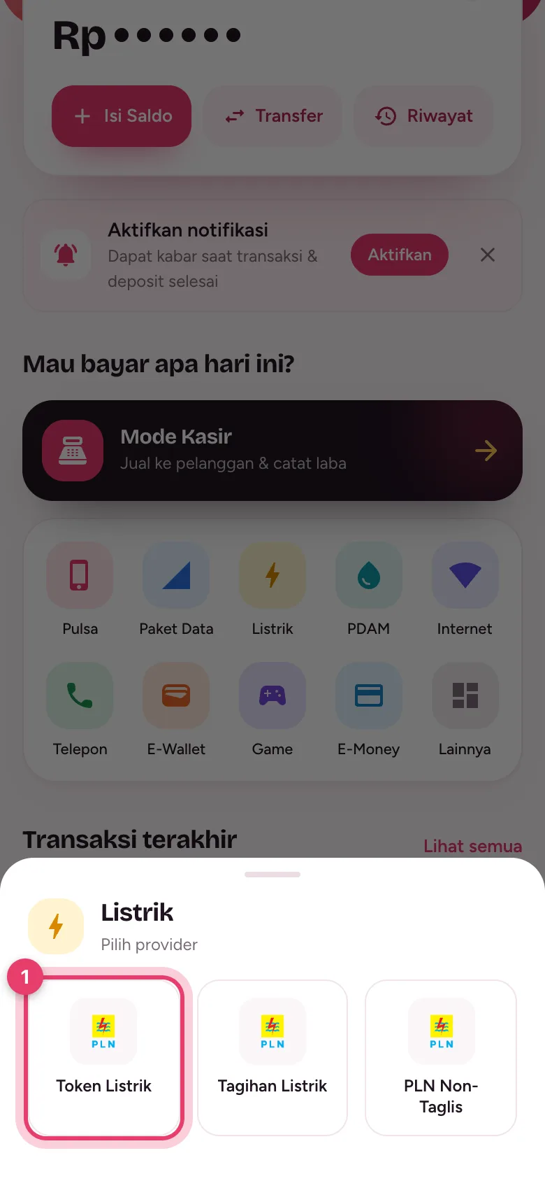 Pilih Token Listrik di menu Listrik
