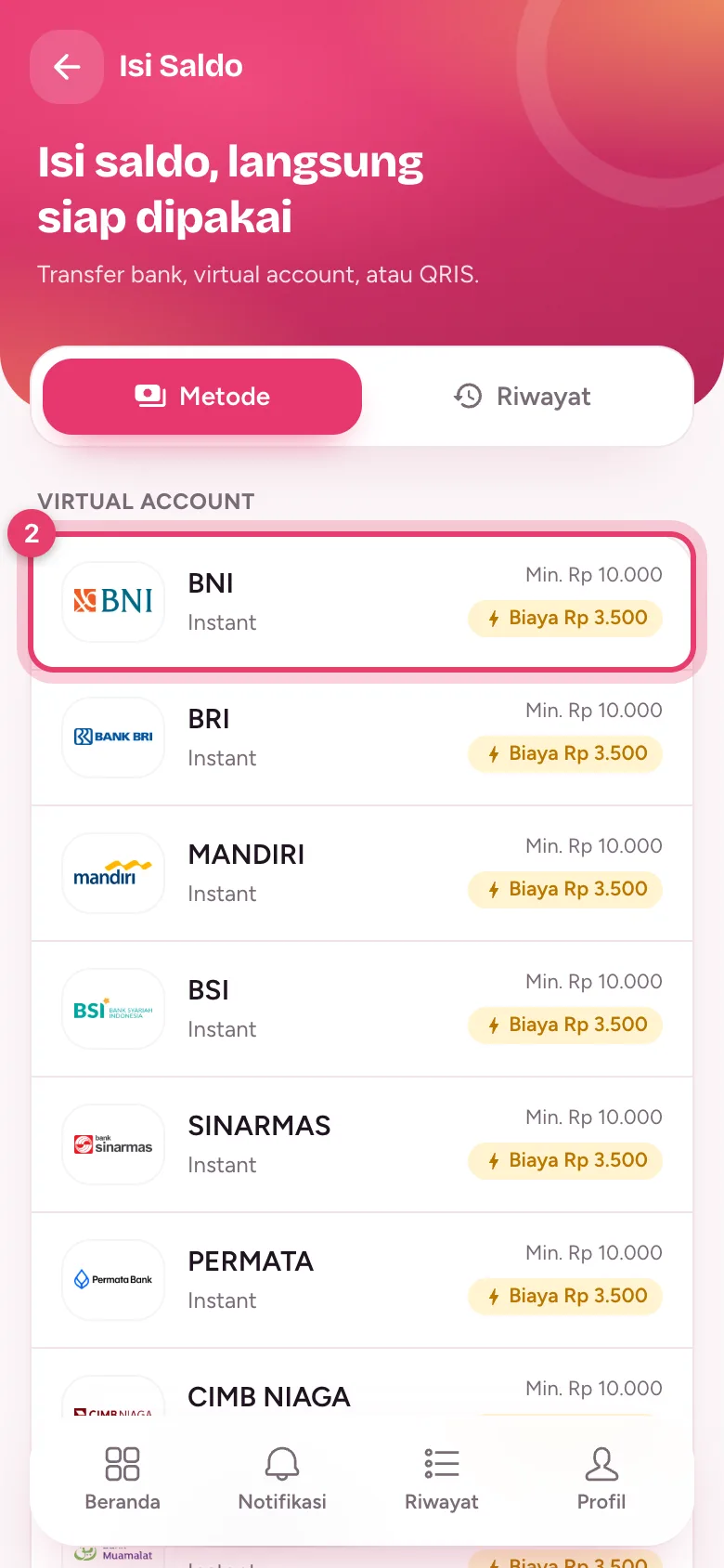 Daftar metode Virtual Account beserta minimal isi saldo dan biayanya