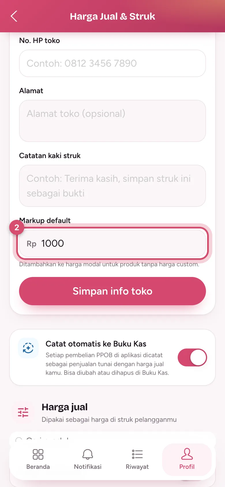 Isi Markup default lalu Simpan info toko