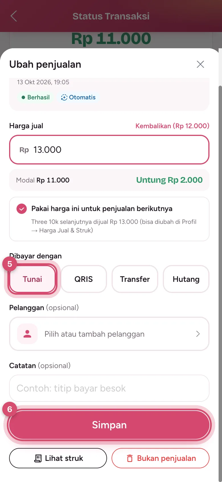 Pilih cara bayar lalu Simpan