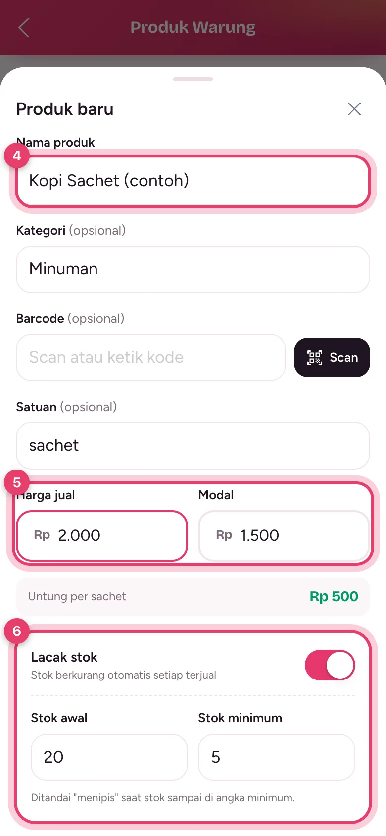 Form Produk baru: nama, harga jual, modal, dan pengaturan stok