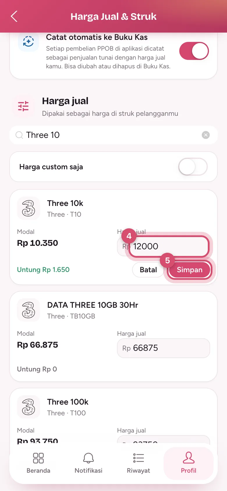 Isi harga jual lalu ketuk Simpan