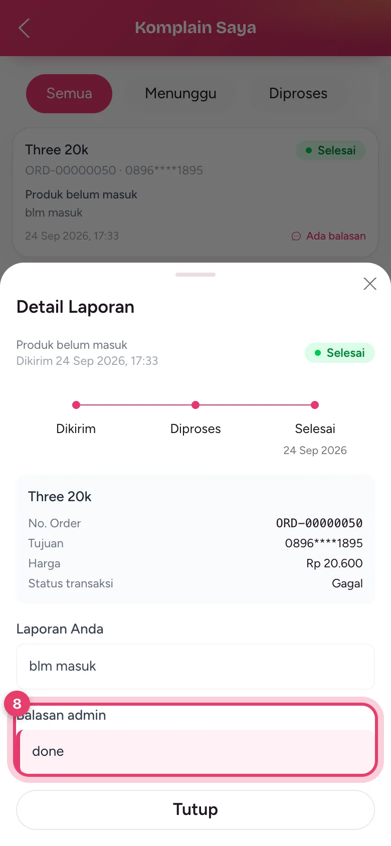 Detail Laporan berisi alur status, data transaksi, dan balasan admin