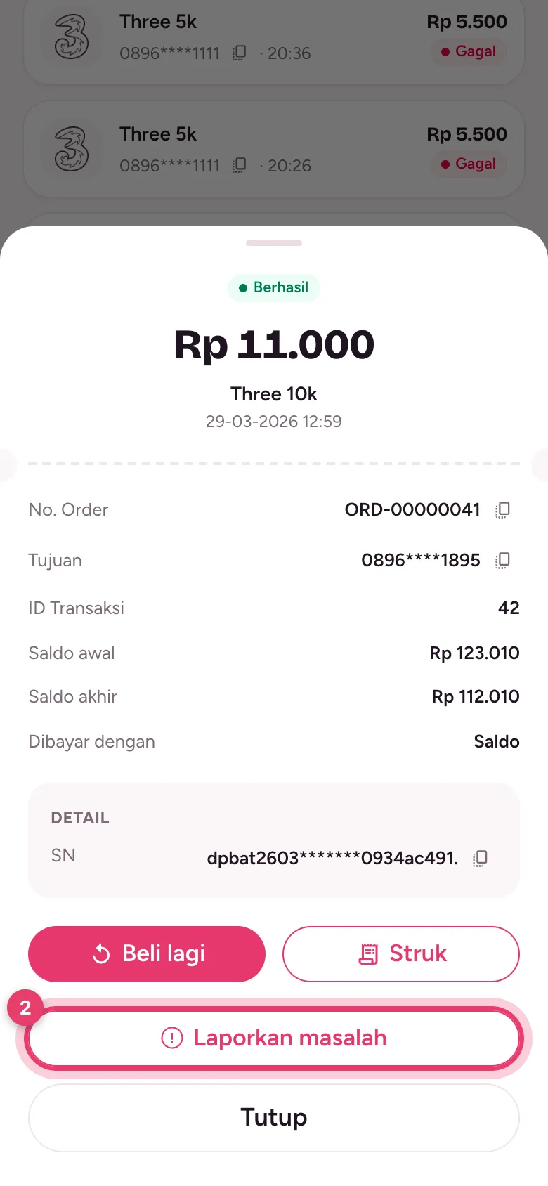 Tombol Laporkan masalah di bagian bawah detail transaksi