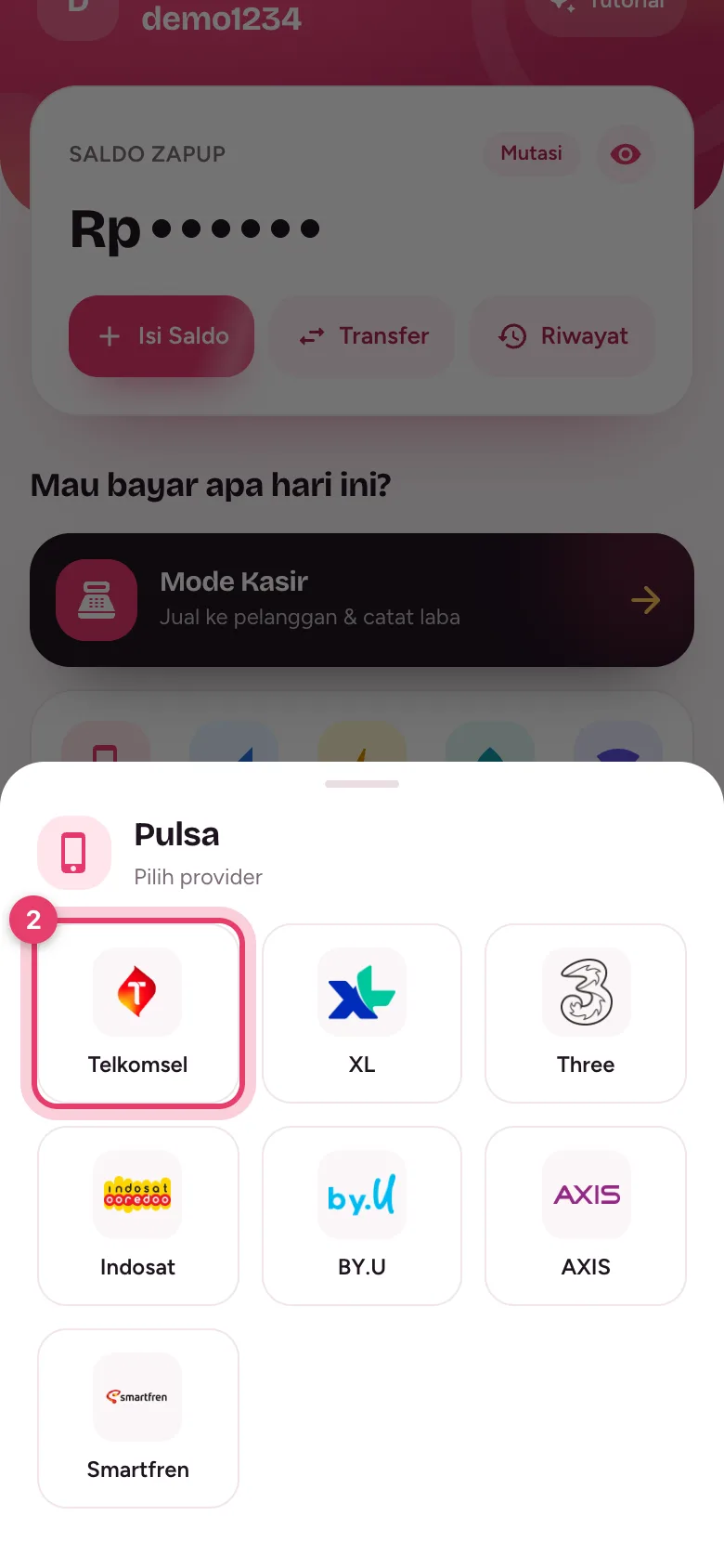 Pilihan provider pulsa: Telkomsel, XL, Three, Indosat, BY.U, AXIS, Smartfren