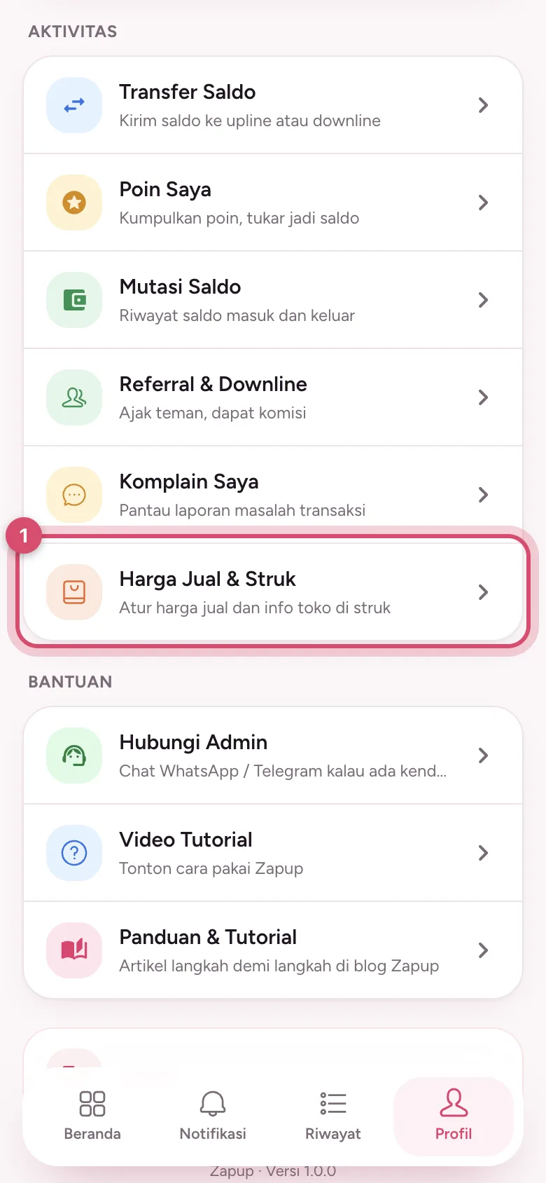 Menu Harga Jual & Struk di Profil