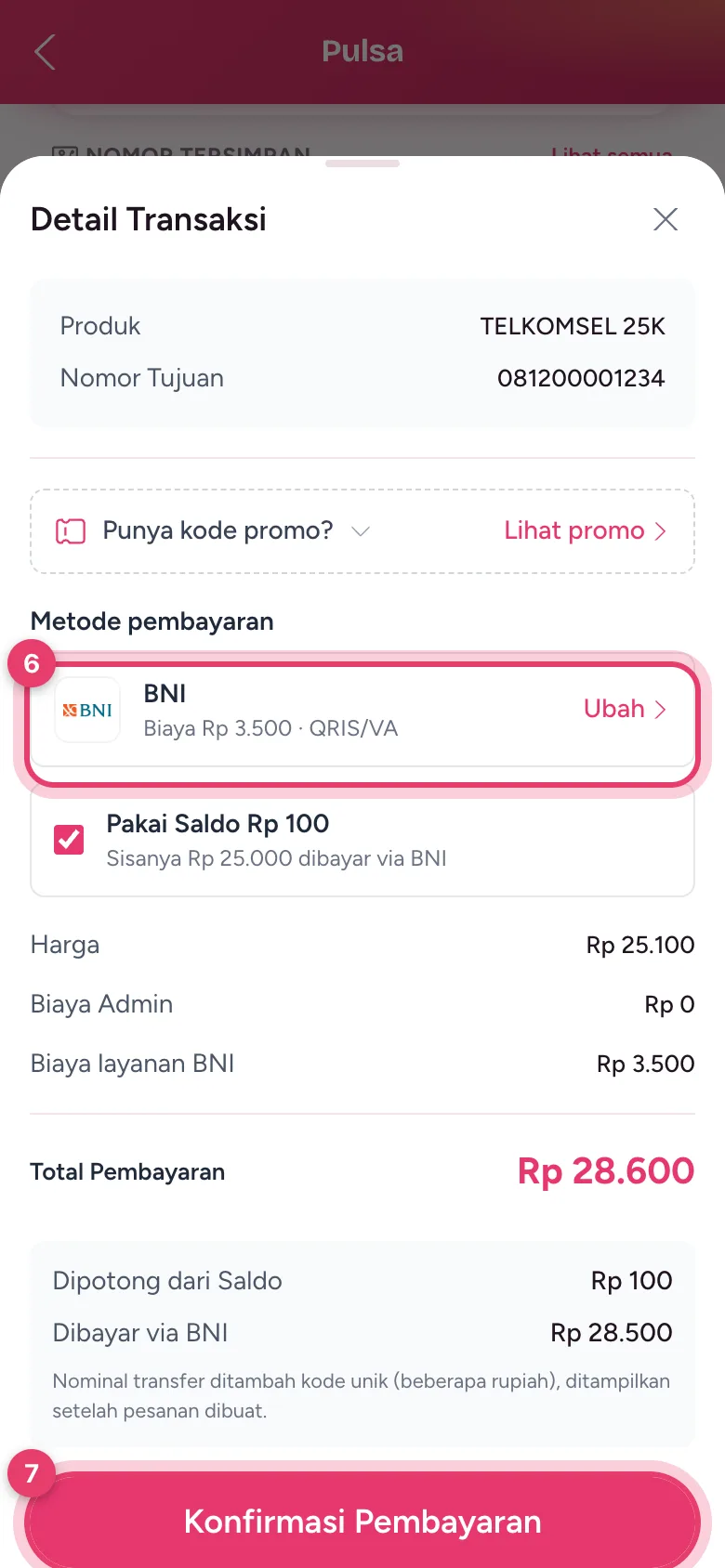 Lembar Detail Transaksi berisi produk, nomor tujuan, metode pembayaran, dan total