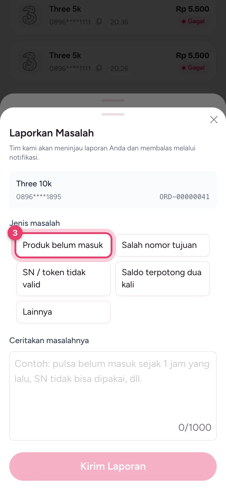 Form Laporkan Masalah dengan pilihan jenis masalah