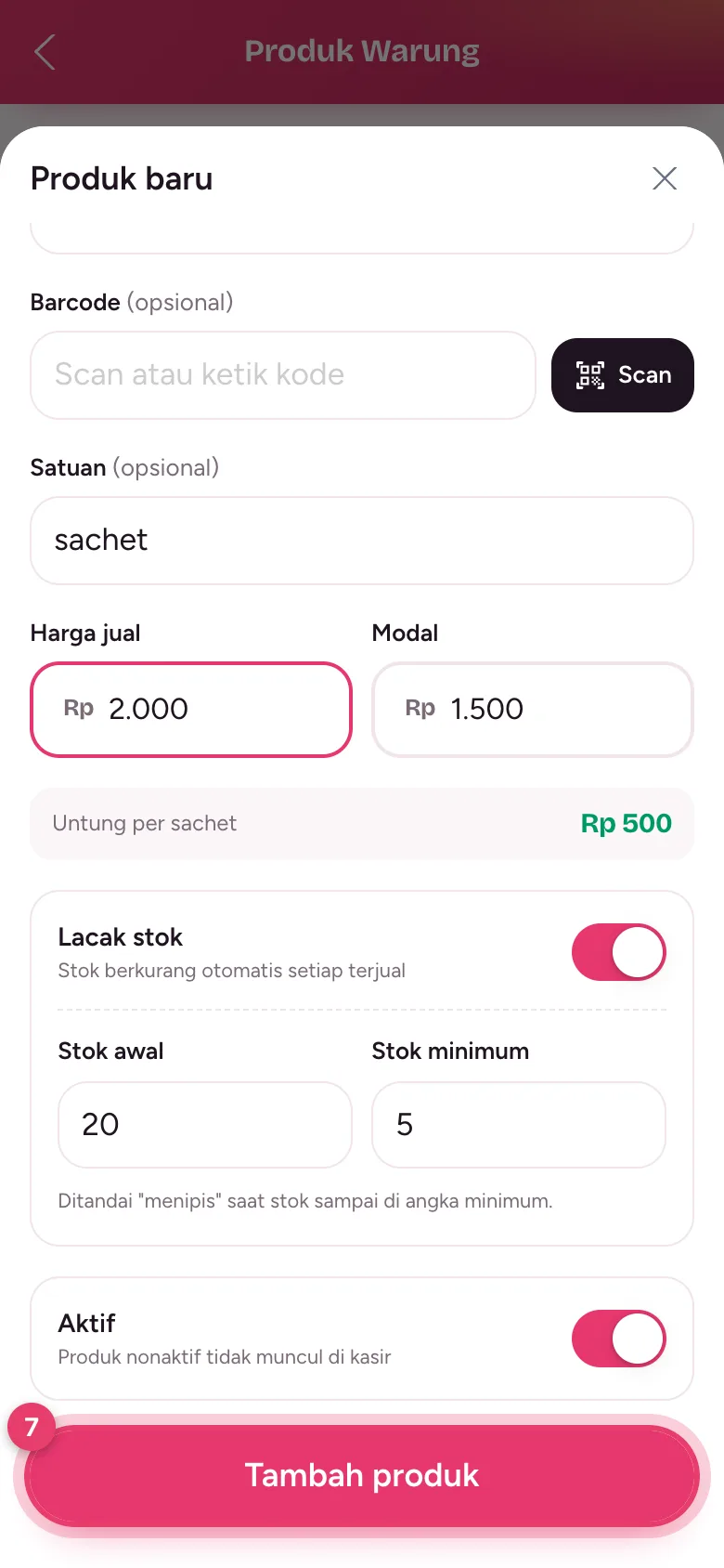 Tombol Tambah produk di bagian bawah form