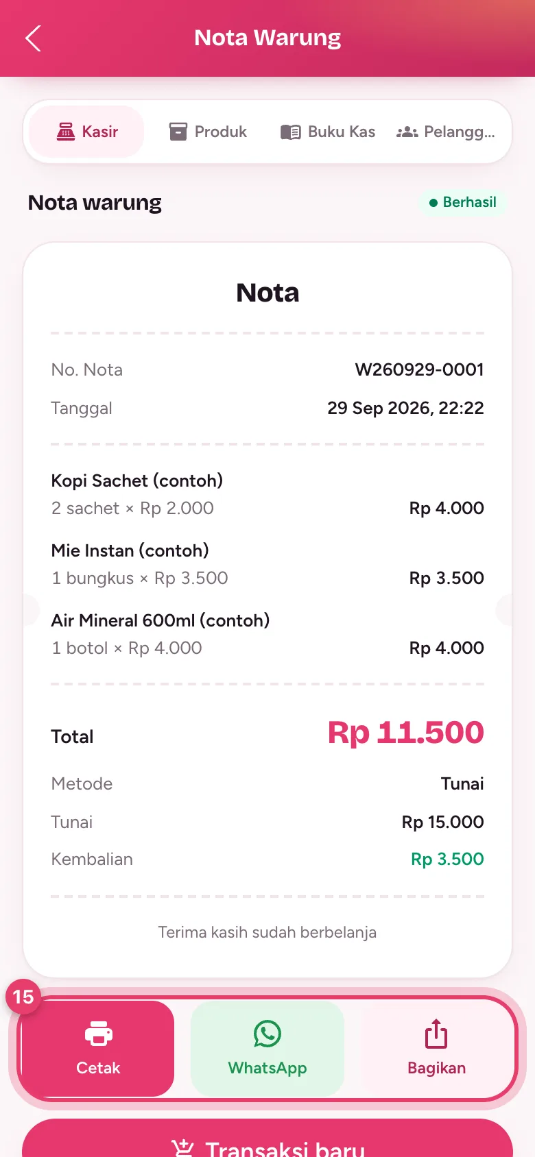 Nota warung dengan tombol Cetak, WhatsApp, dan Bagikan
