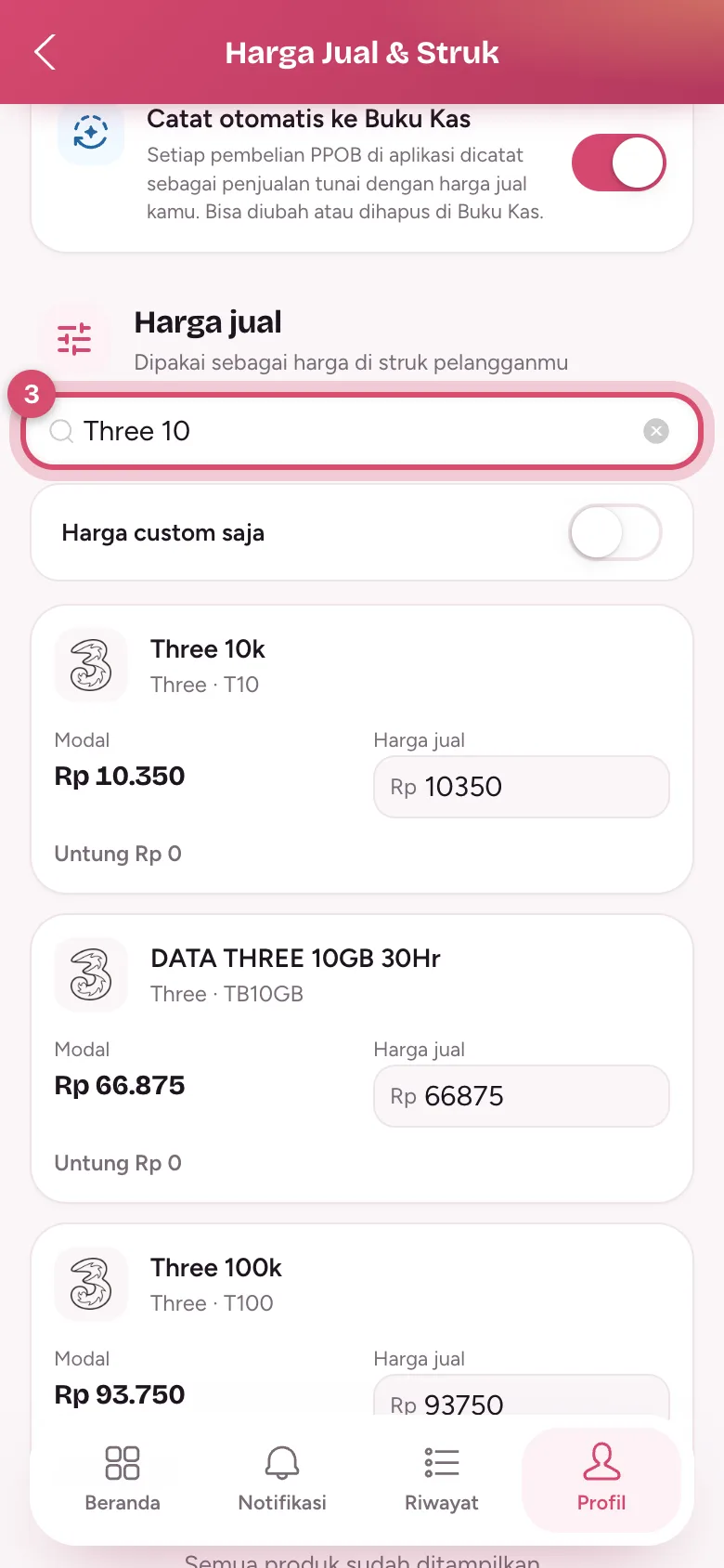 Cari produk di bagian Harga jual