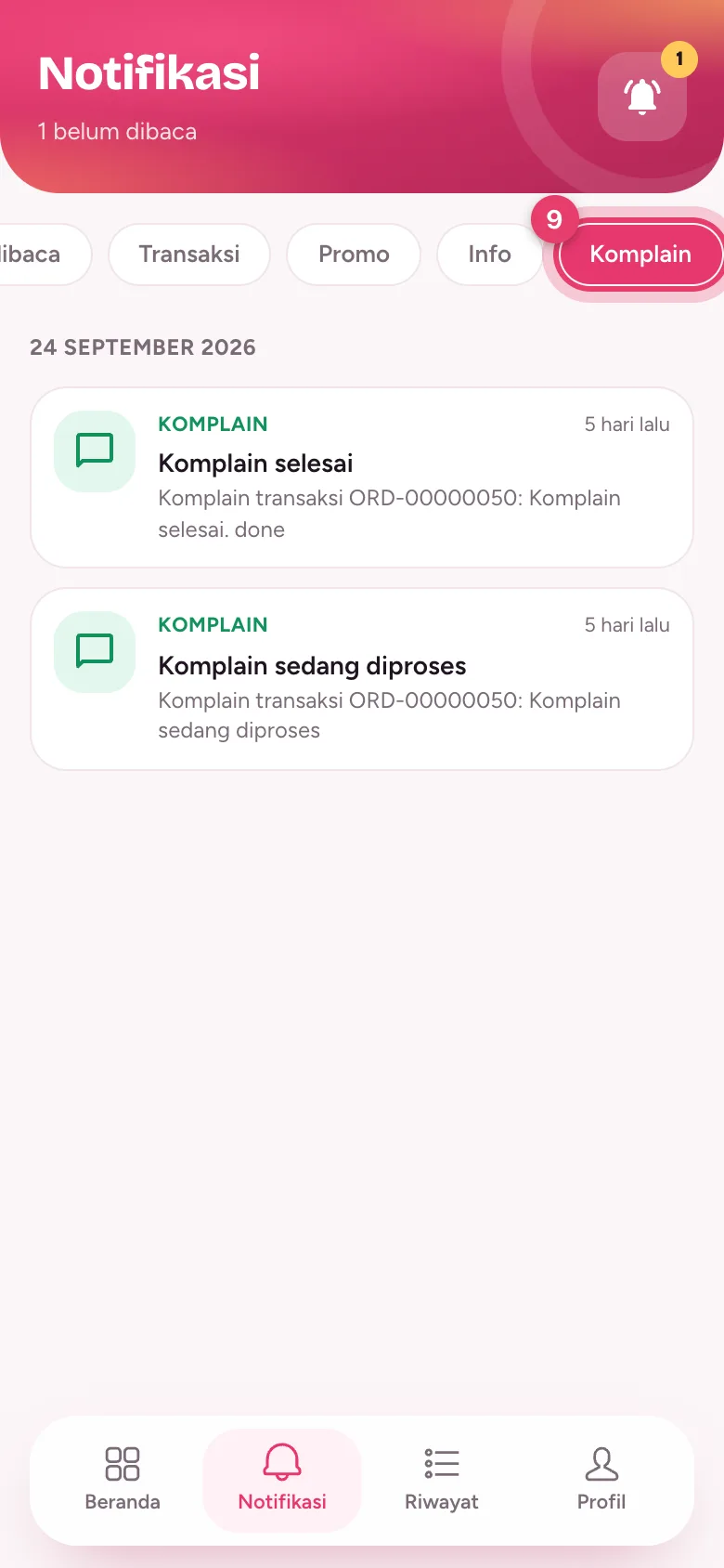 Tab Komplain di halaman Notifikasi berisi kabar status laporan