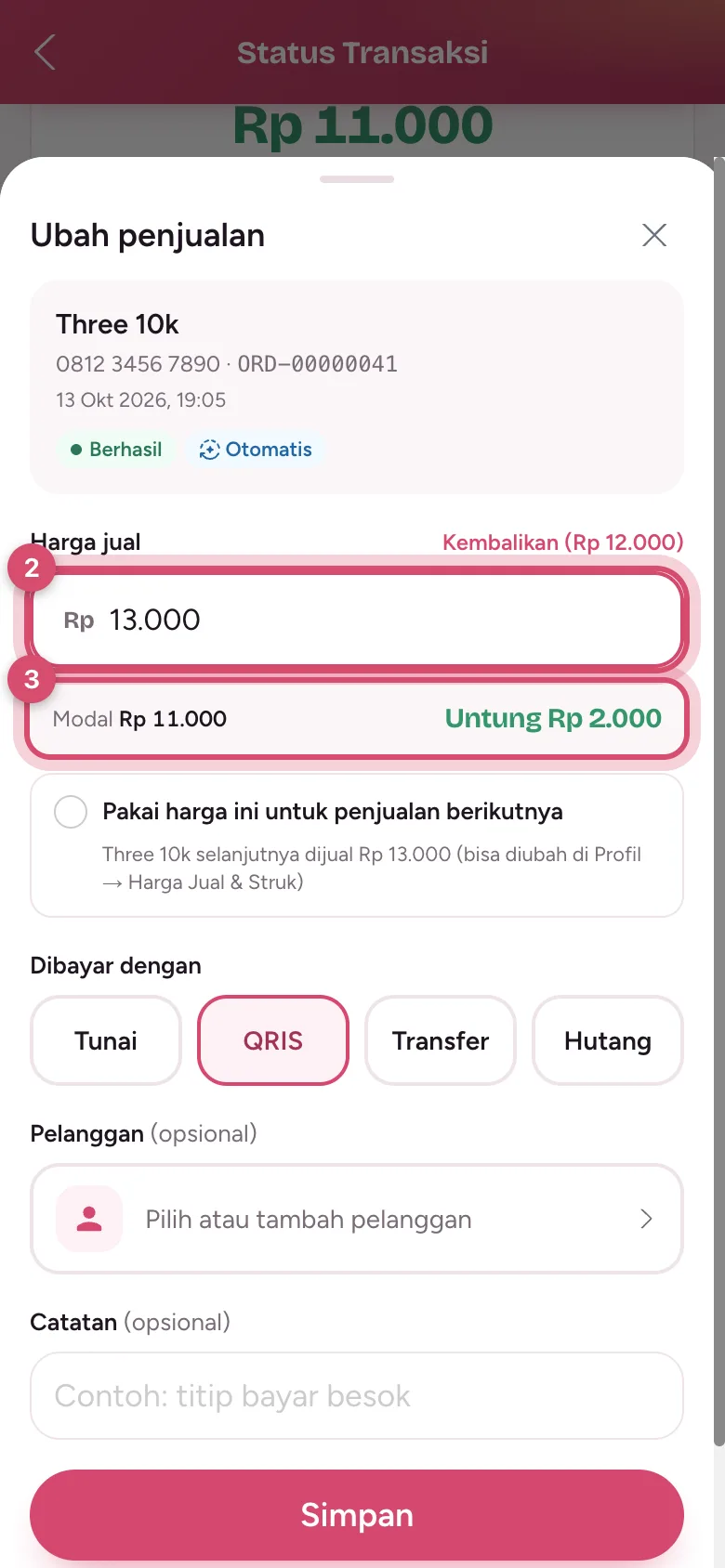 Isi harga jual, untung langsung dihitung