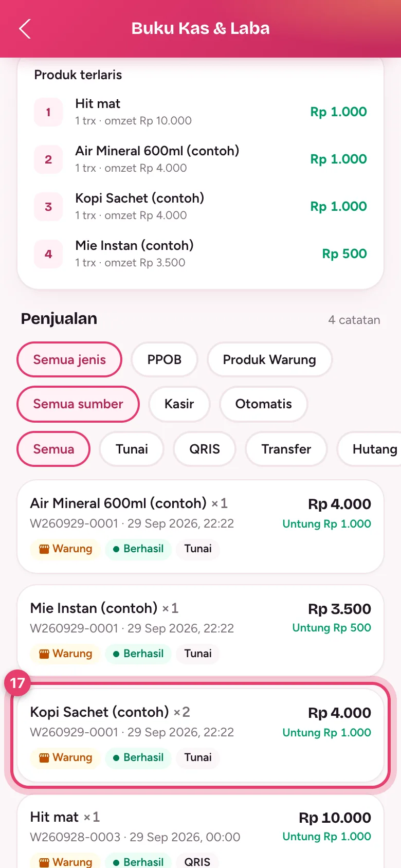 Daftar Penjualan di Buku Kas berisi barang dari nota warung