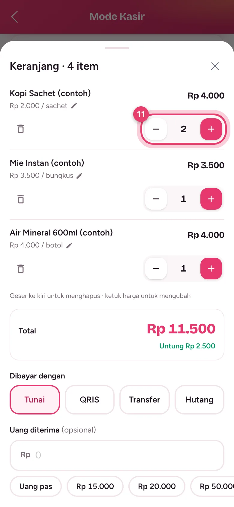 Keranjang berisi barang, tombol ubah jumlah, total, dan untung