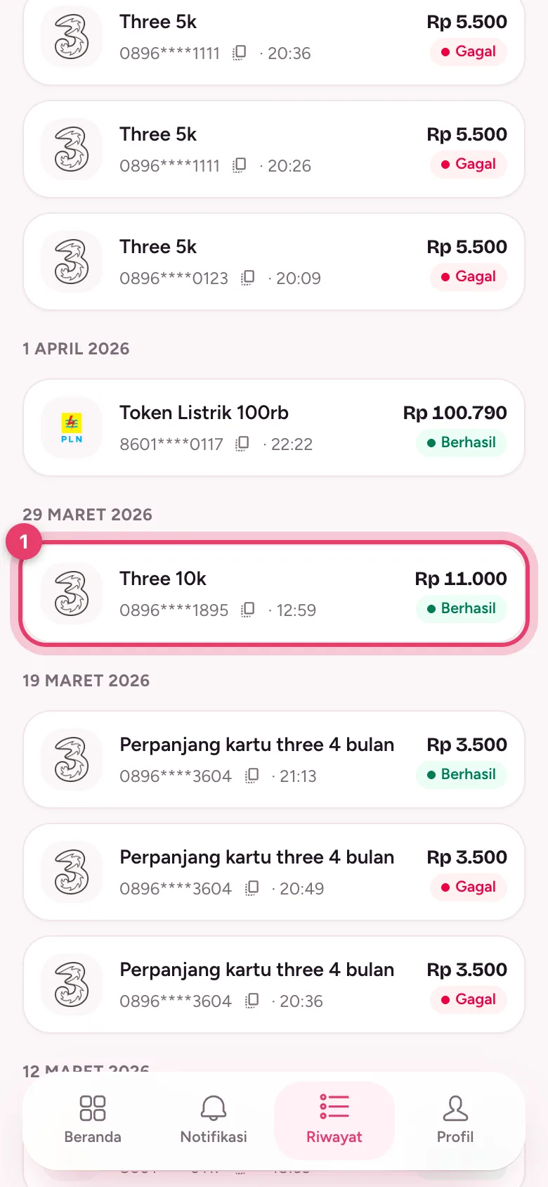 Daftar transaksi di Riwayat, lalu ketuk transaksi yang bermasalah