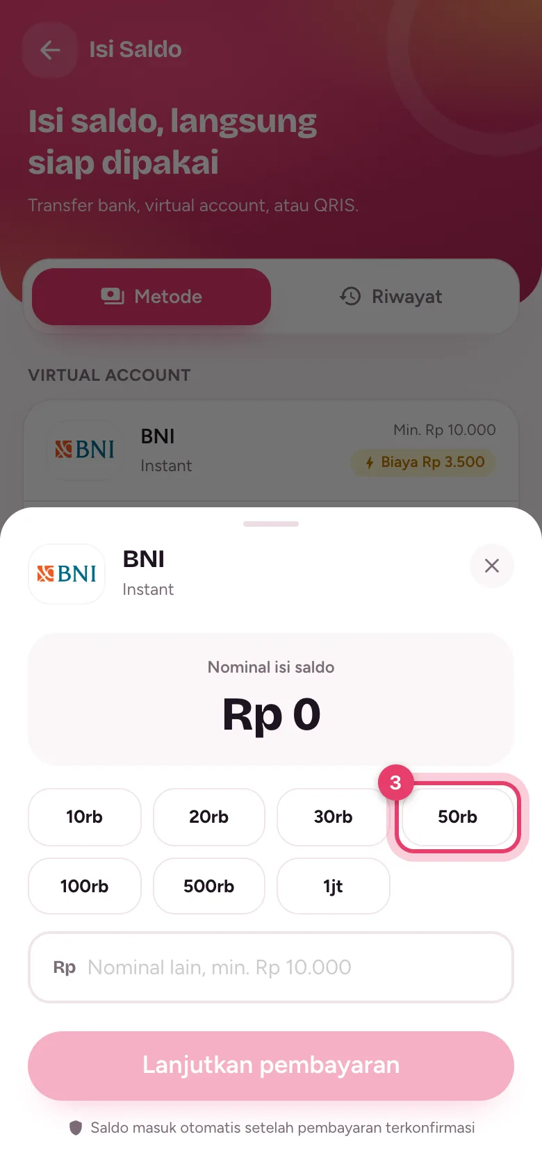Pilih nominal cepat atau ketik nominal lain di kolom Rp