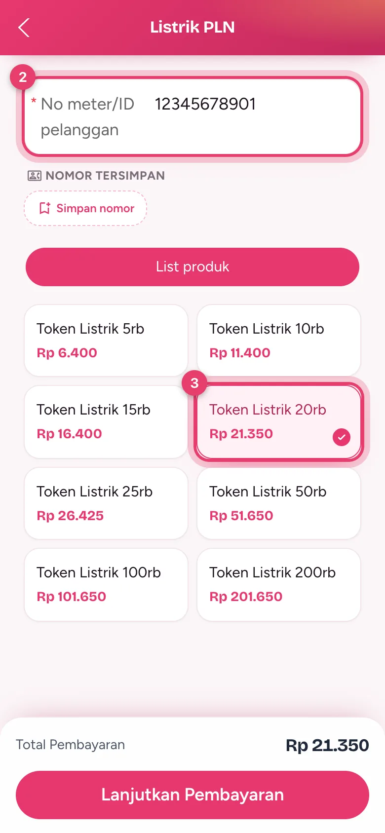 Isi nomor meter lalu pilih nominal token listrik