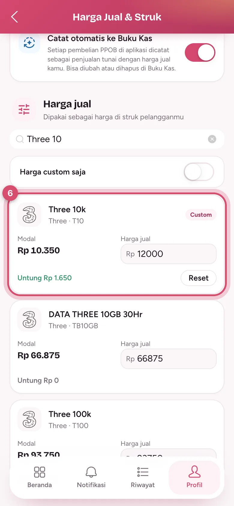 Produk ditandai Custom, ada tombol Reset
